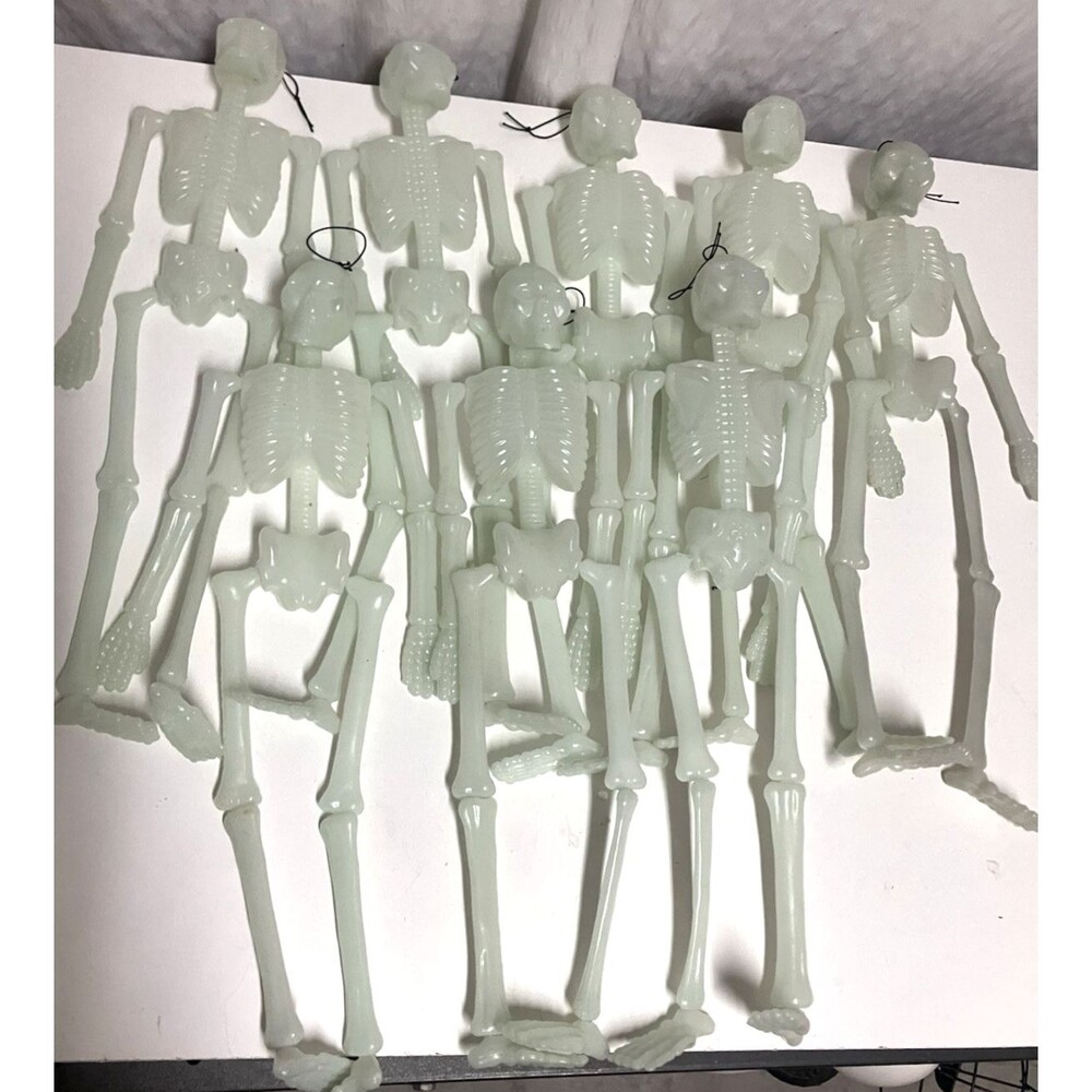 Lot of 8 Hanging Glow in The Dark Skeleton Halloween Props Plastic 18”